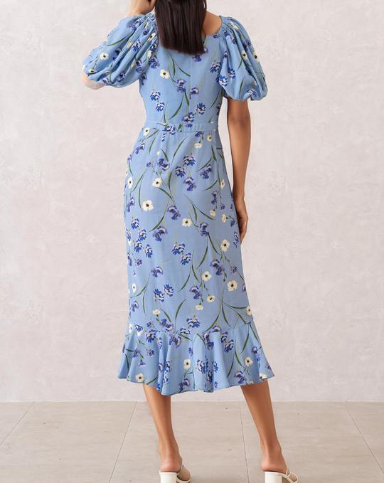 V Neck Blue Printed Irregular Hem Dress