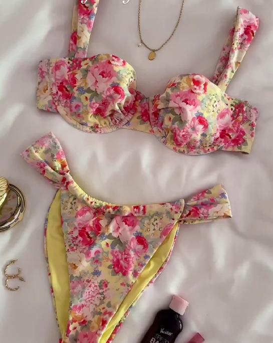 Vibrant Floral Print Cute Style Bikini