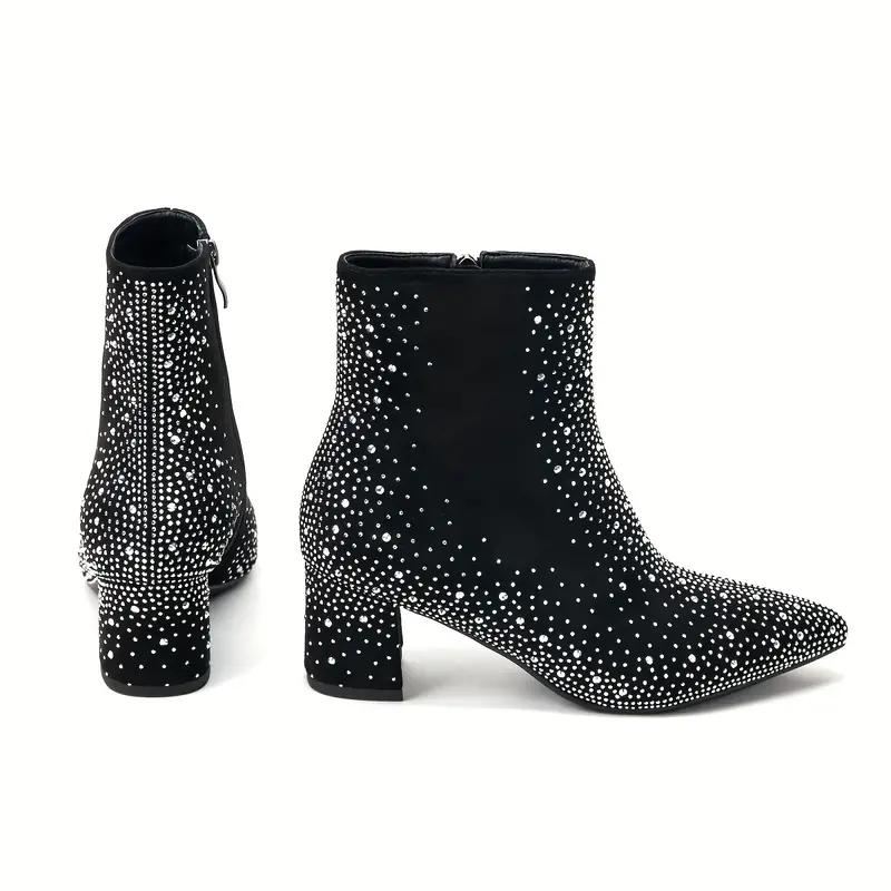 Women's Rhinestone Decor Chunky Heel Boots