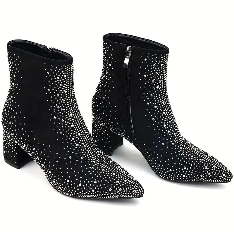 Women's Rhinestone Decor Chunky Heel Boots