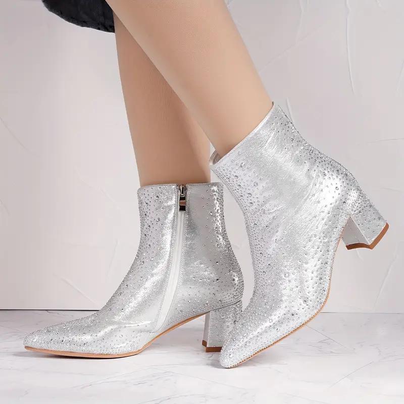 Women's Rhinestone Decor Chunky Heel Boots