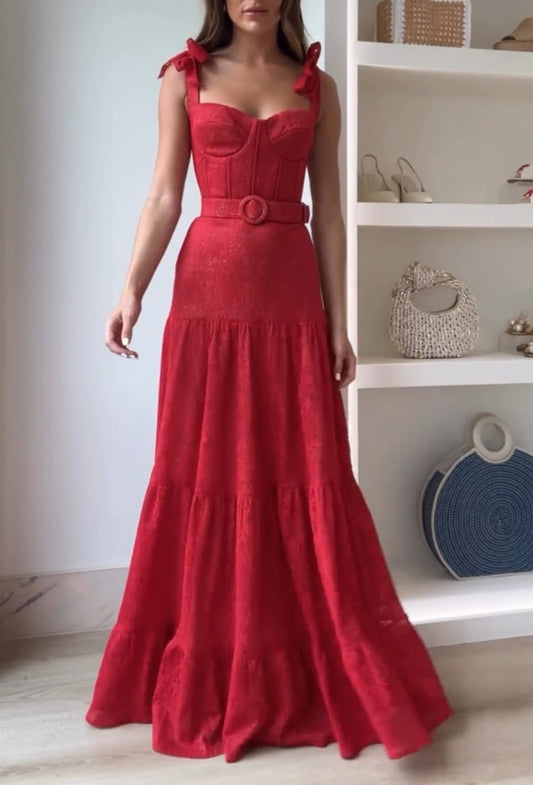 Red Halter Waist Band Corset Dress