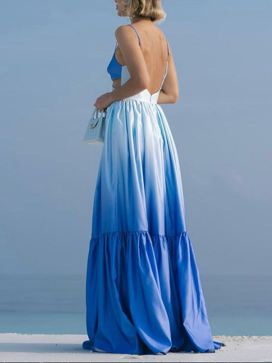 Gradient Blue Halter Backless Long Dress