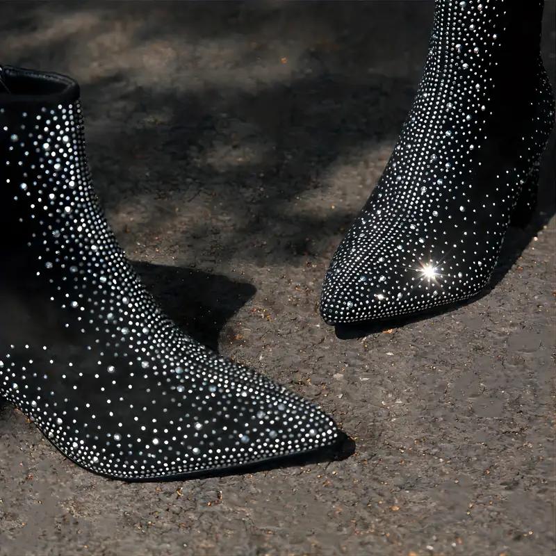 Women's Rhinestone Decor Chunky Heel Boots