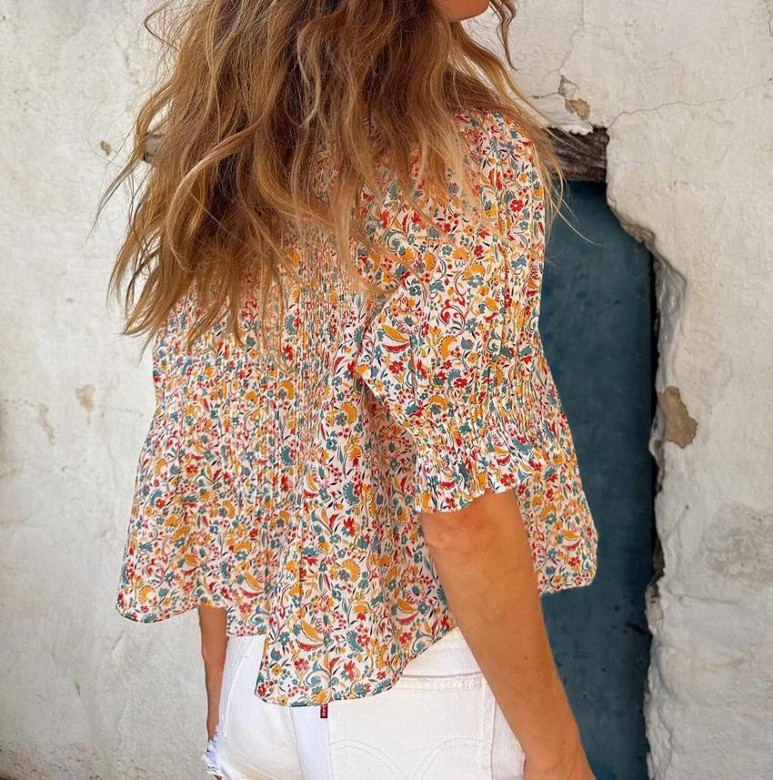 Colorful Floral Ruffle Short Sleeve Top