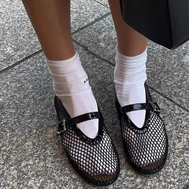 Leather-trimmed Fishnet Ballet Flats