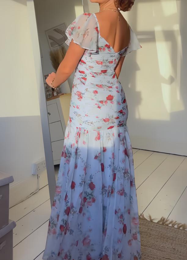 Blue Floral Chiffon Long Dress