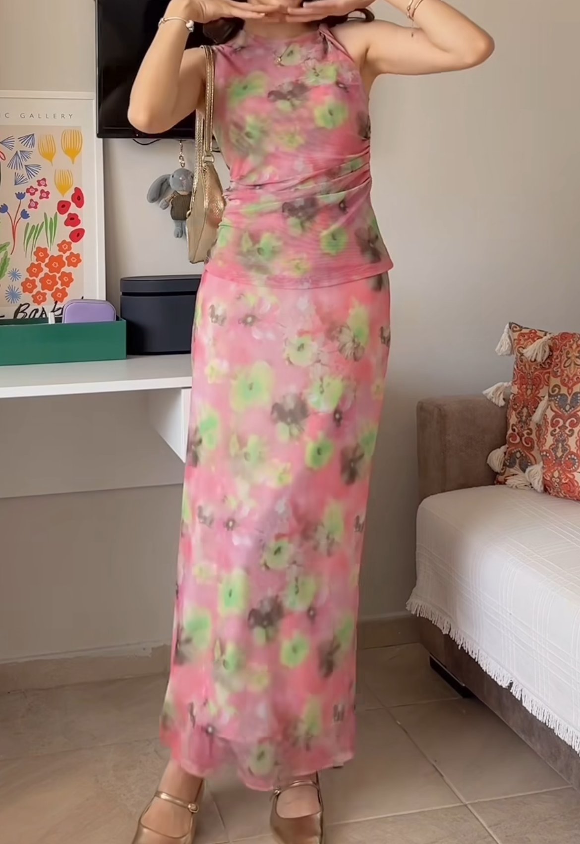 Pink Printed Saree Maxi Dress