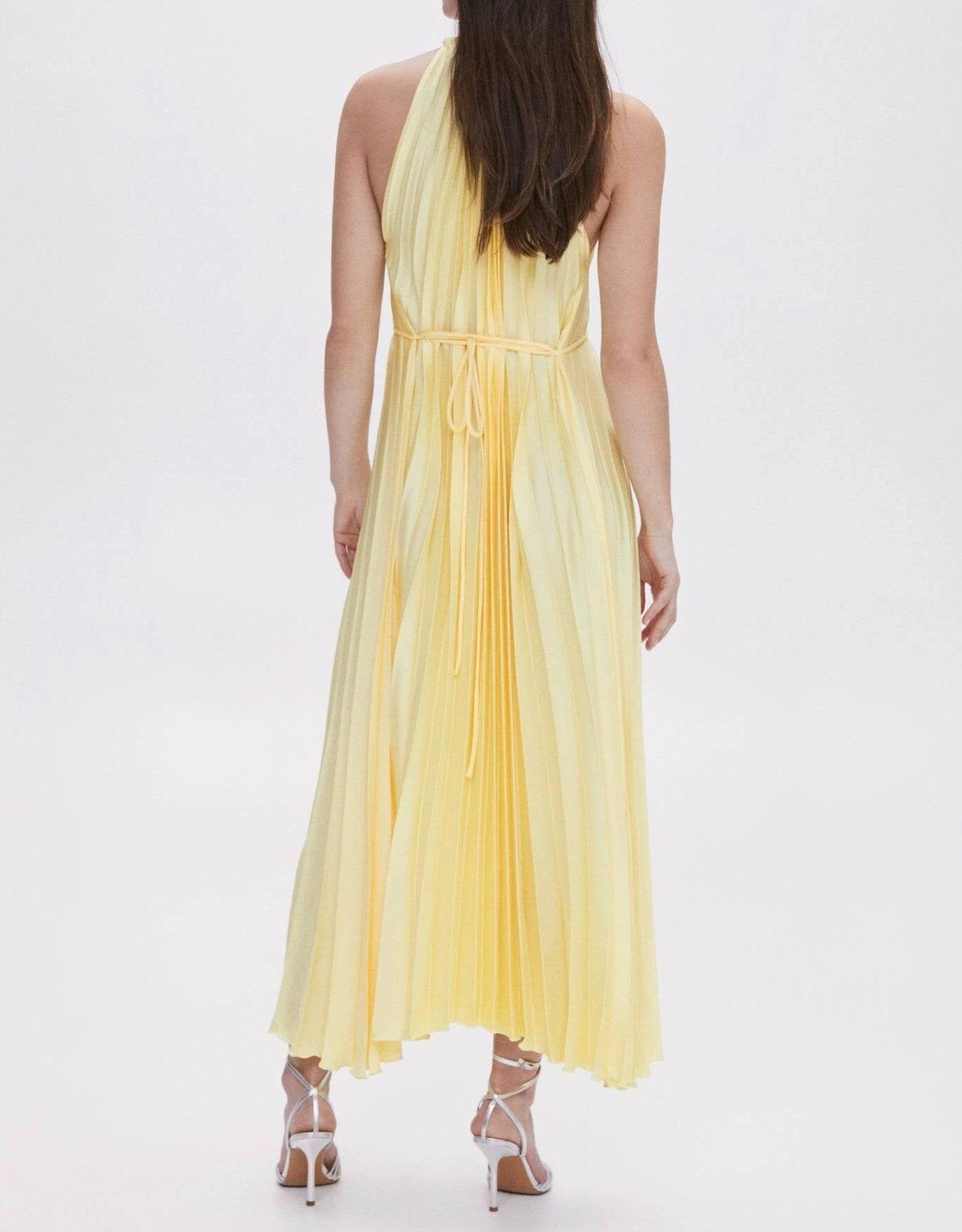 Yellow Pleated Sleeveless Designer Dress