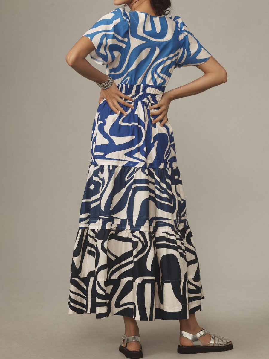 V-neck Smocked Waist Printed Maxi Dress