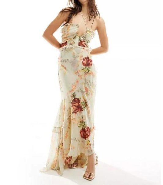 Floral Cutout Ruffle Slimming Dress