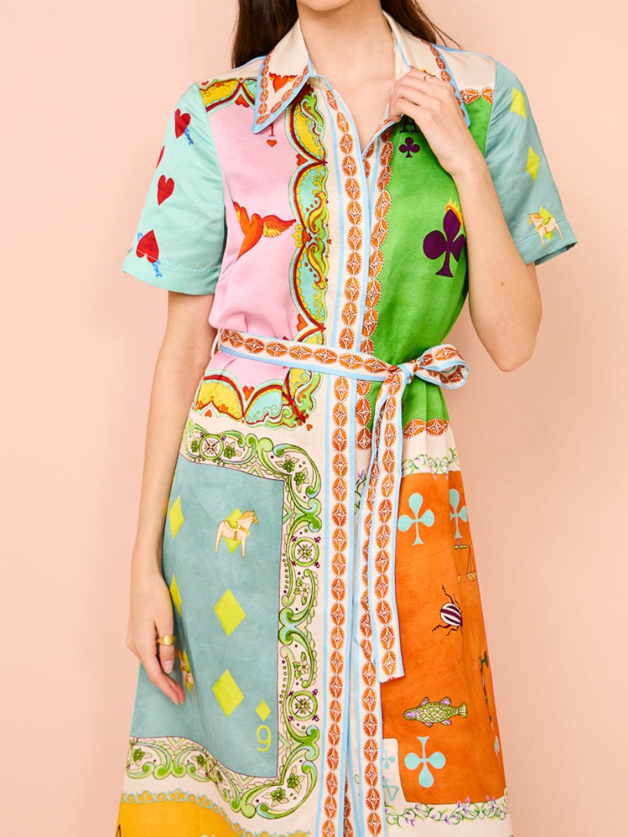 Printed Short Sleeve Patchwork Shirtdress