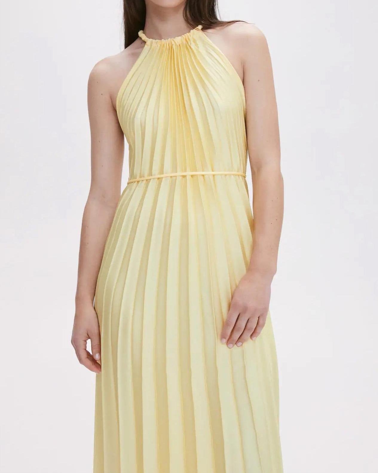 Yellow Pleated Sleeveless Designer Dress