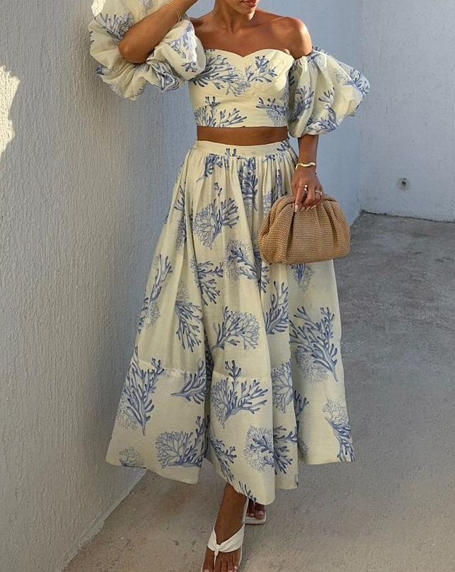 Blue Printed Bubble Sleeve Slim Dress