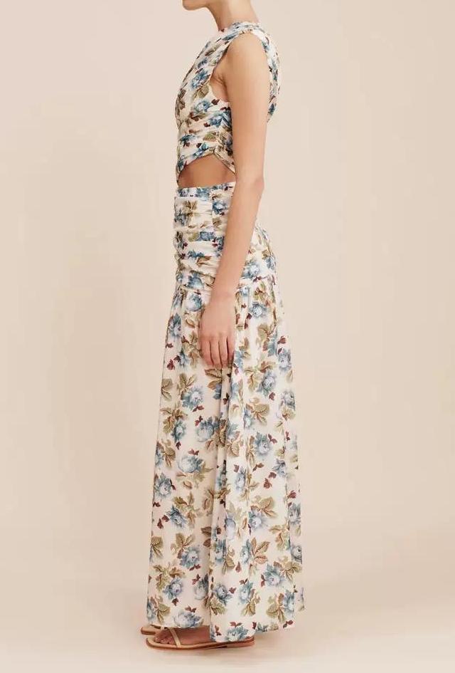 Sleeveless Floral Print Dress With Slanted Shoulders