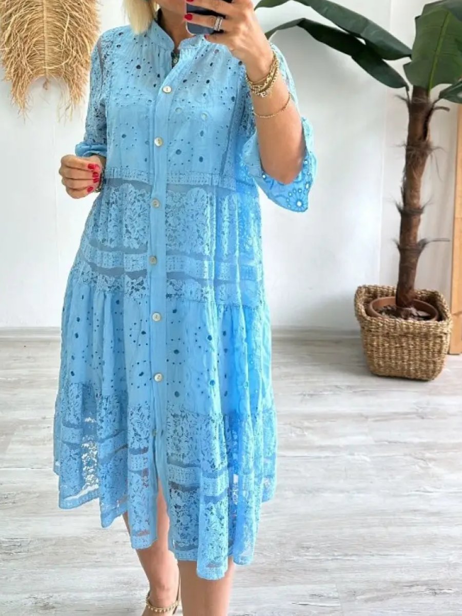 Lace Button Up Solid Loose Dress