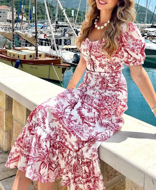 Printed Coconut Ruffle Midi Dress