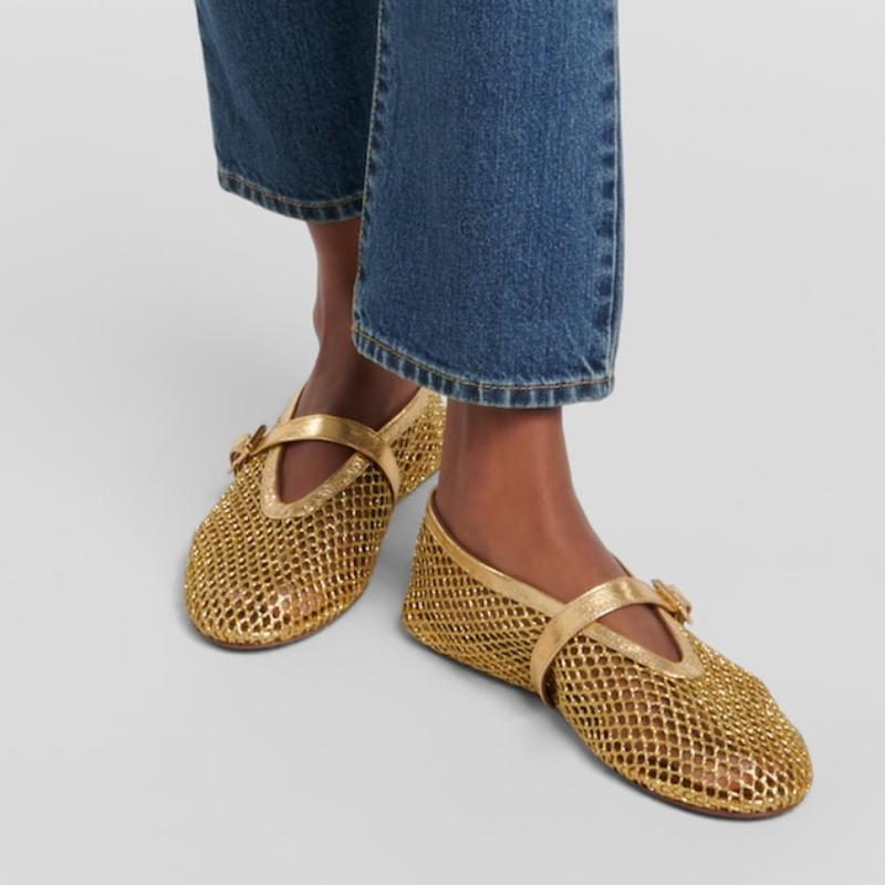 Leather-trimmed Fishnet Ballet Flats