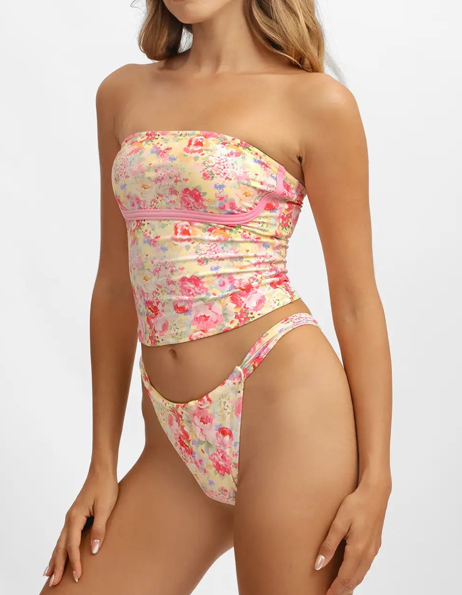 Pink Printed Cute Strapless Swimsuit