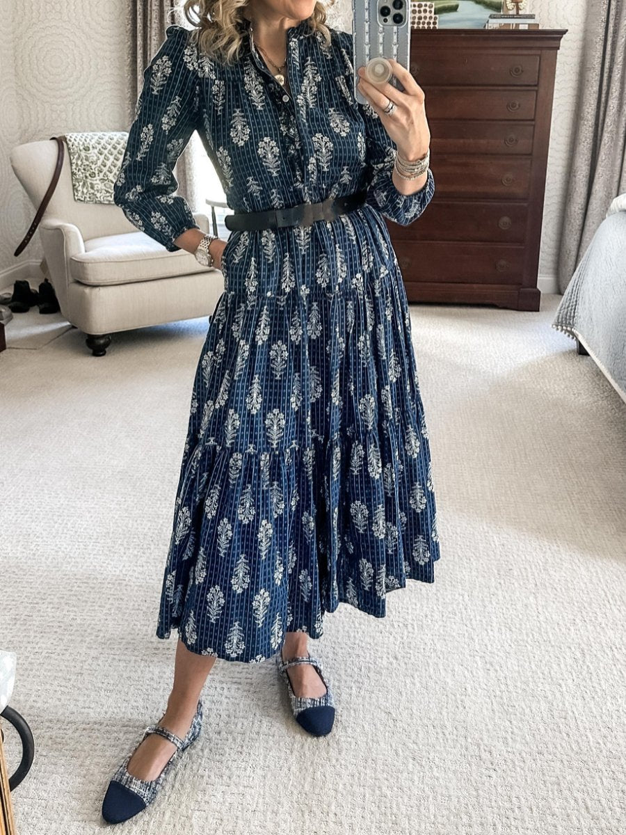 Navy Floral Elegant Midi Dress