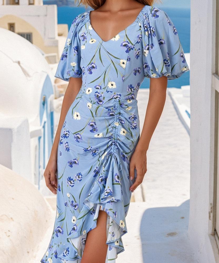 V Neck Blue Printed Irregular Hem Dress