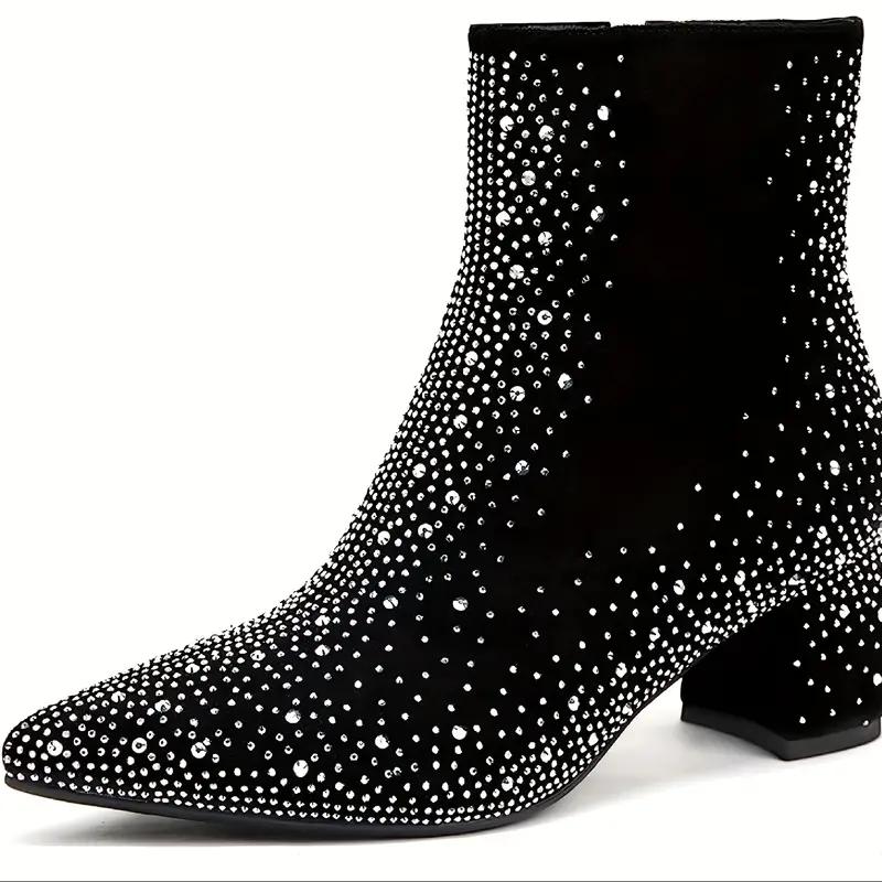 Women's Rhinestone Decor Chunky Heel Boots