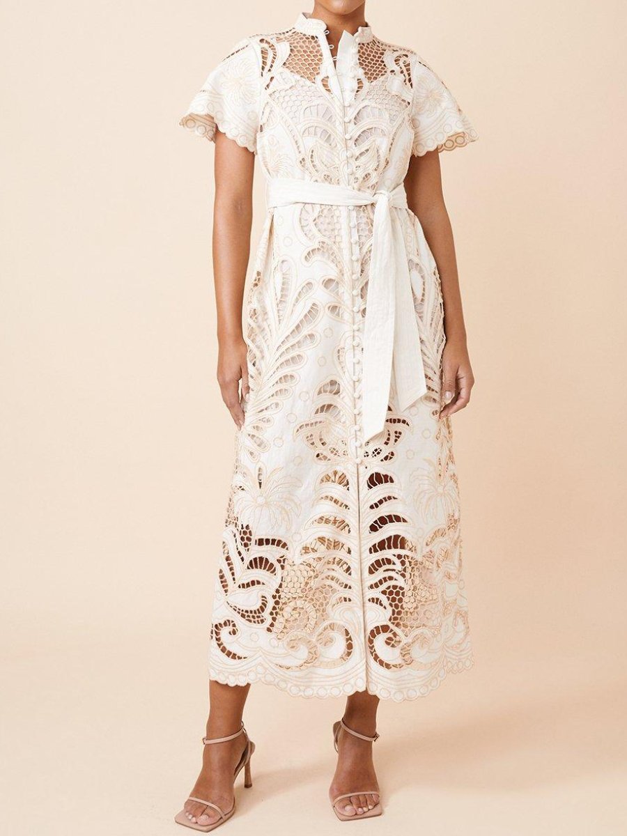 Embroidery See-through Midi Dress