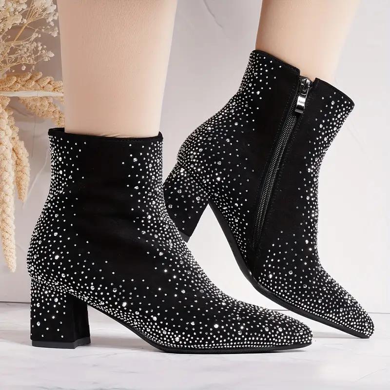 Women's Rhinestone Decor Chunky Heel Boots