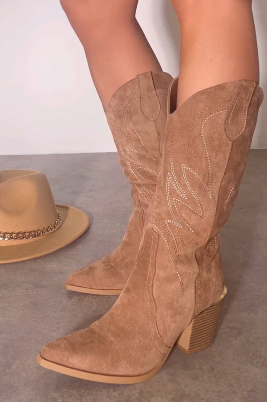 Pointed Toe Embroidered Chelsea Mid Calf Cowboy Boots