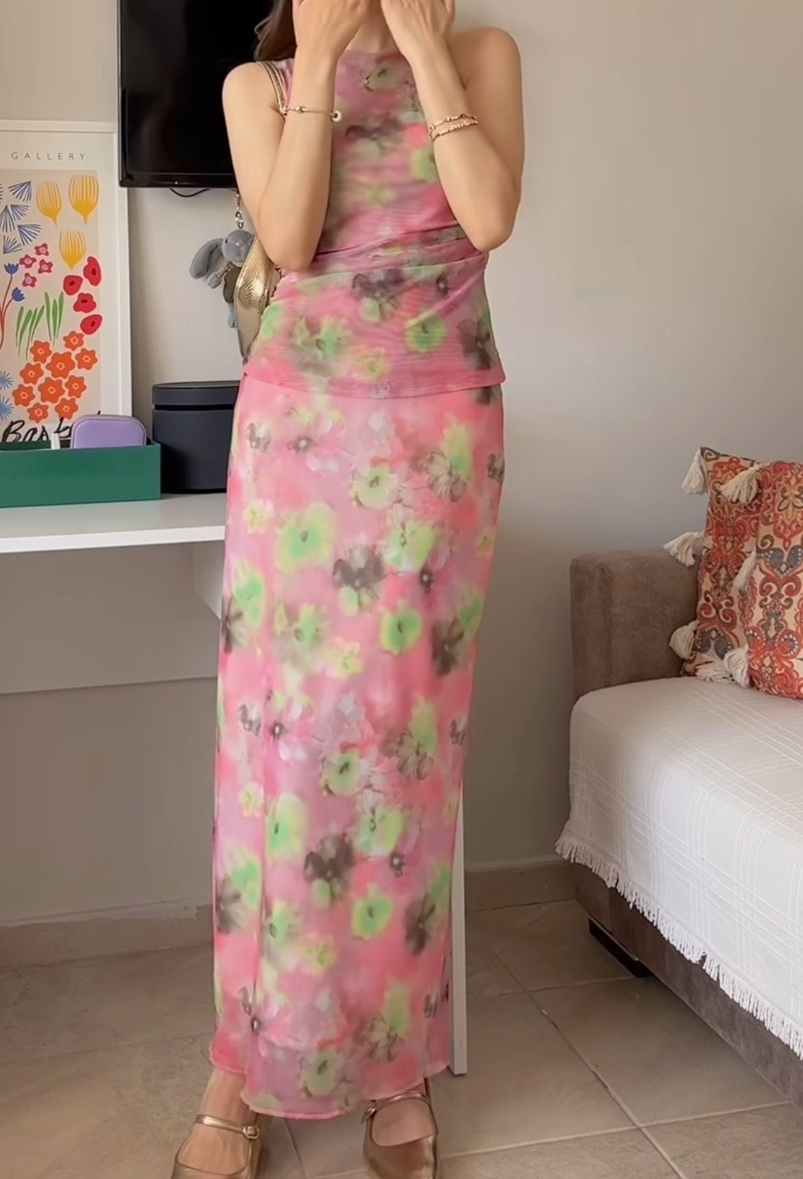 Pink Printed Saree Maxi Dress