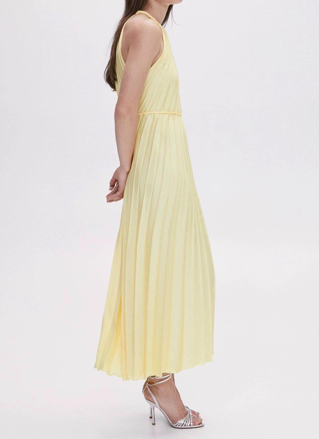 Yellow Pleated Sleeveless Designer Dress