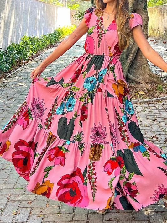 Pink Floral Adjustable Waist Maxi Dress