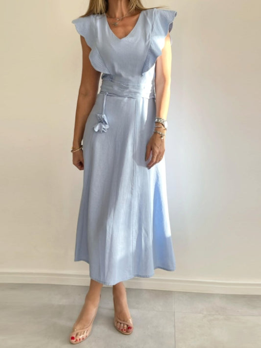 Baby Blue V-neckline Midi Dress