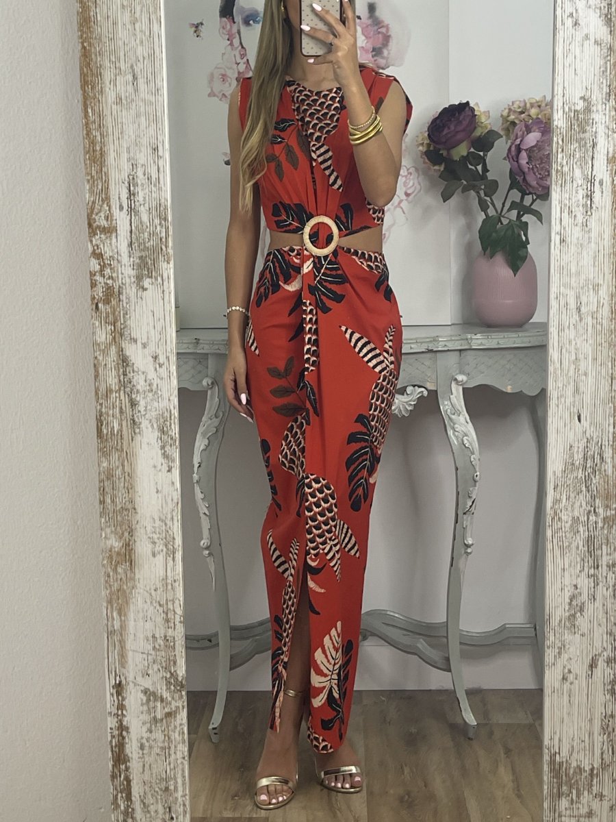 Sleeveless Printed Slit Cutout Dress