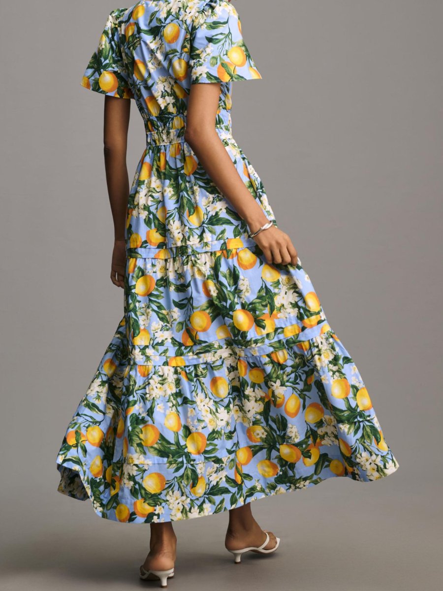 V-neck Smocked Waist Printed Maxi Dress