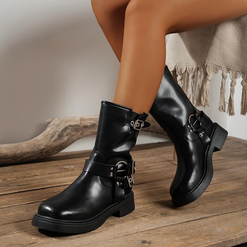 Faux Leather Buckle Strap Mid Calf Boots