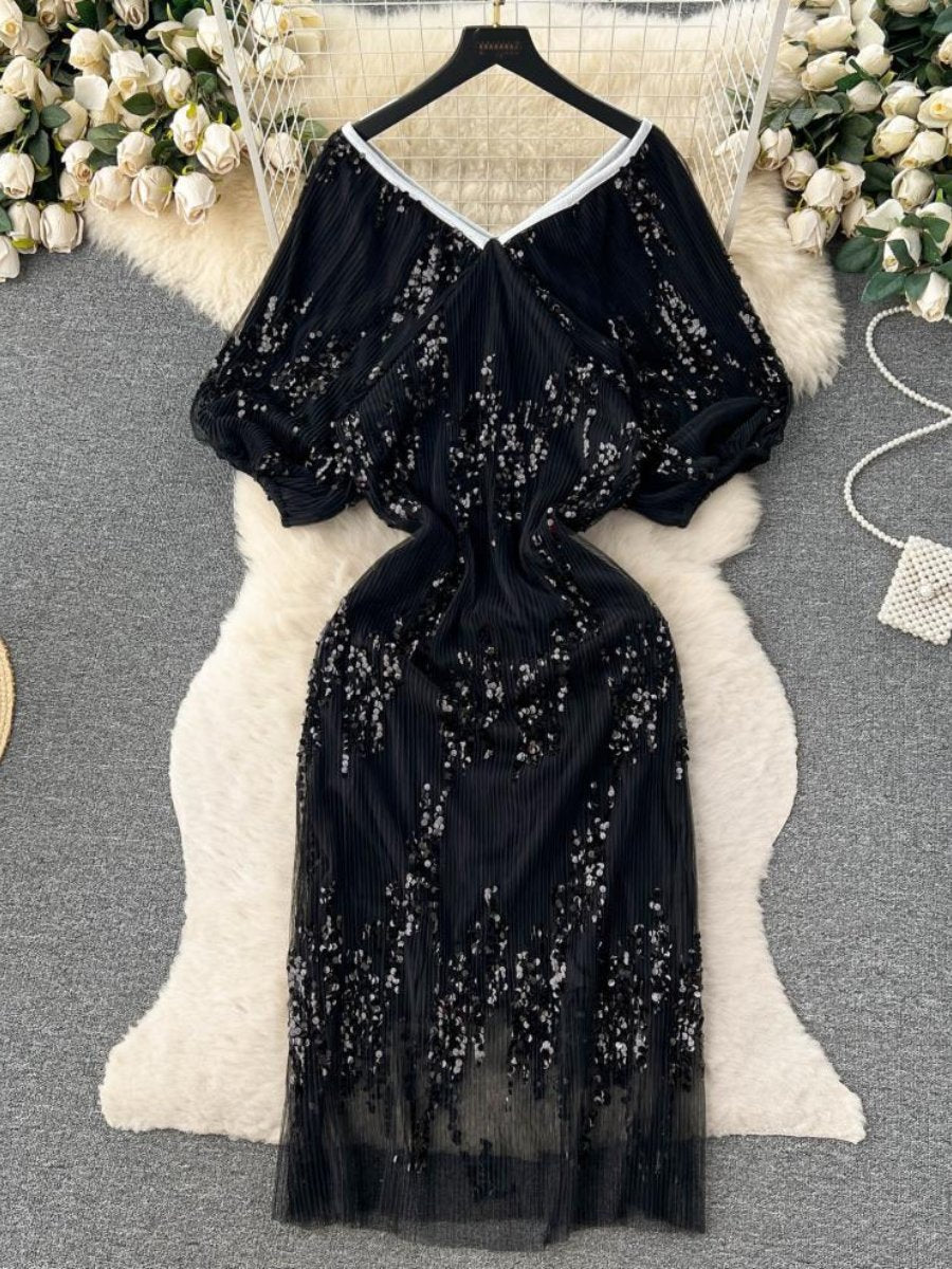 Bubble-Sleeve Sequin Dress