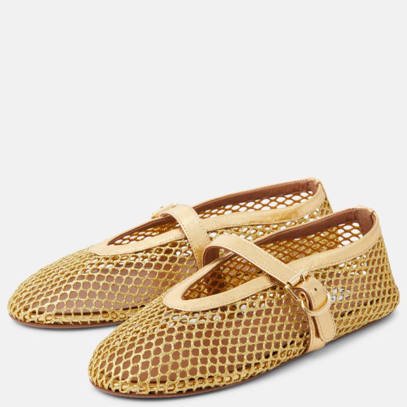 Leather-trimmed Fishnet Ballet Flats