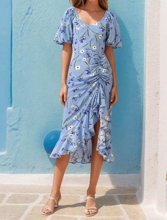 V Neck Blue Printed Irregular Hem Dress