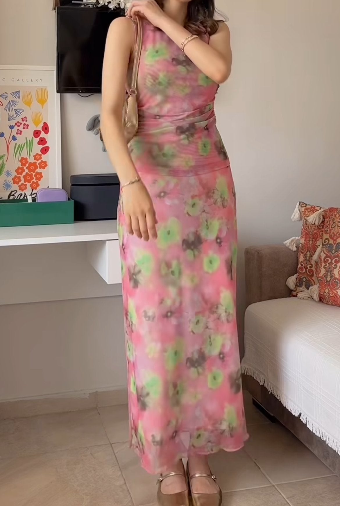 Pink Printed Saree Maxi Dress