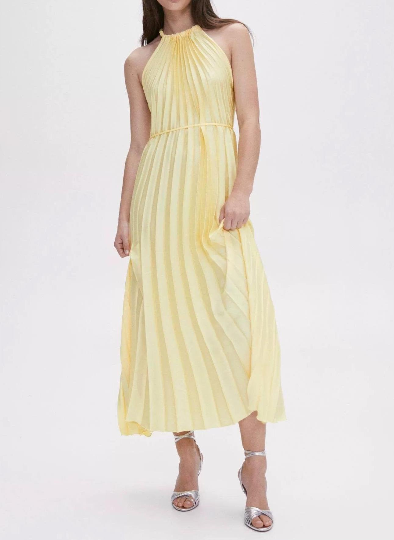 Yellow Pleated Sleeveless Designer Dress