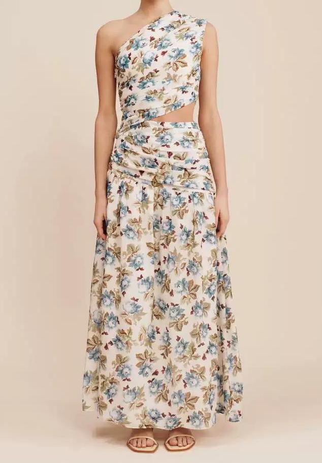 Sleeveless Floral Print Dress With Slanted Shoulders