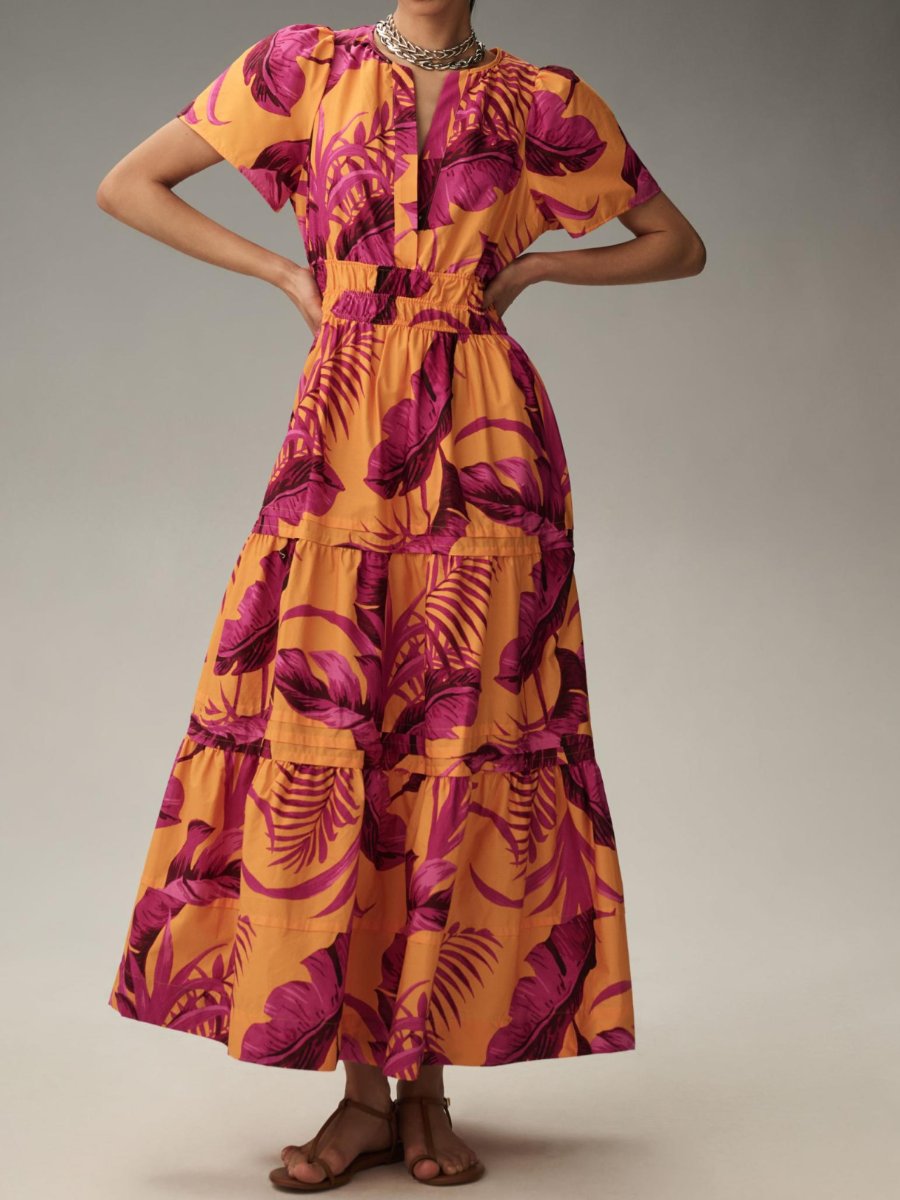 V-neck Smocked Waist Printed Maxi Dress